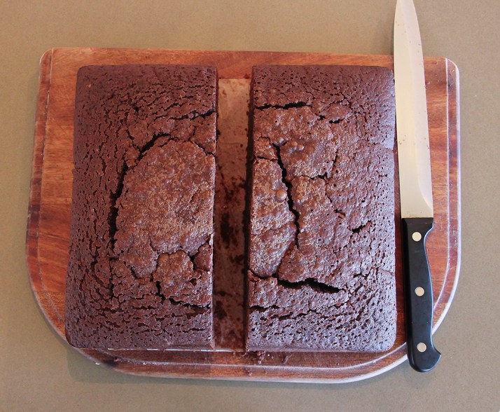 Cut cake in half