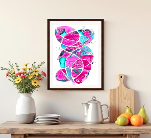 "Fish Plural" cerise Framed Museum Quality Print - Image 3