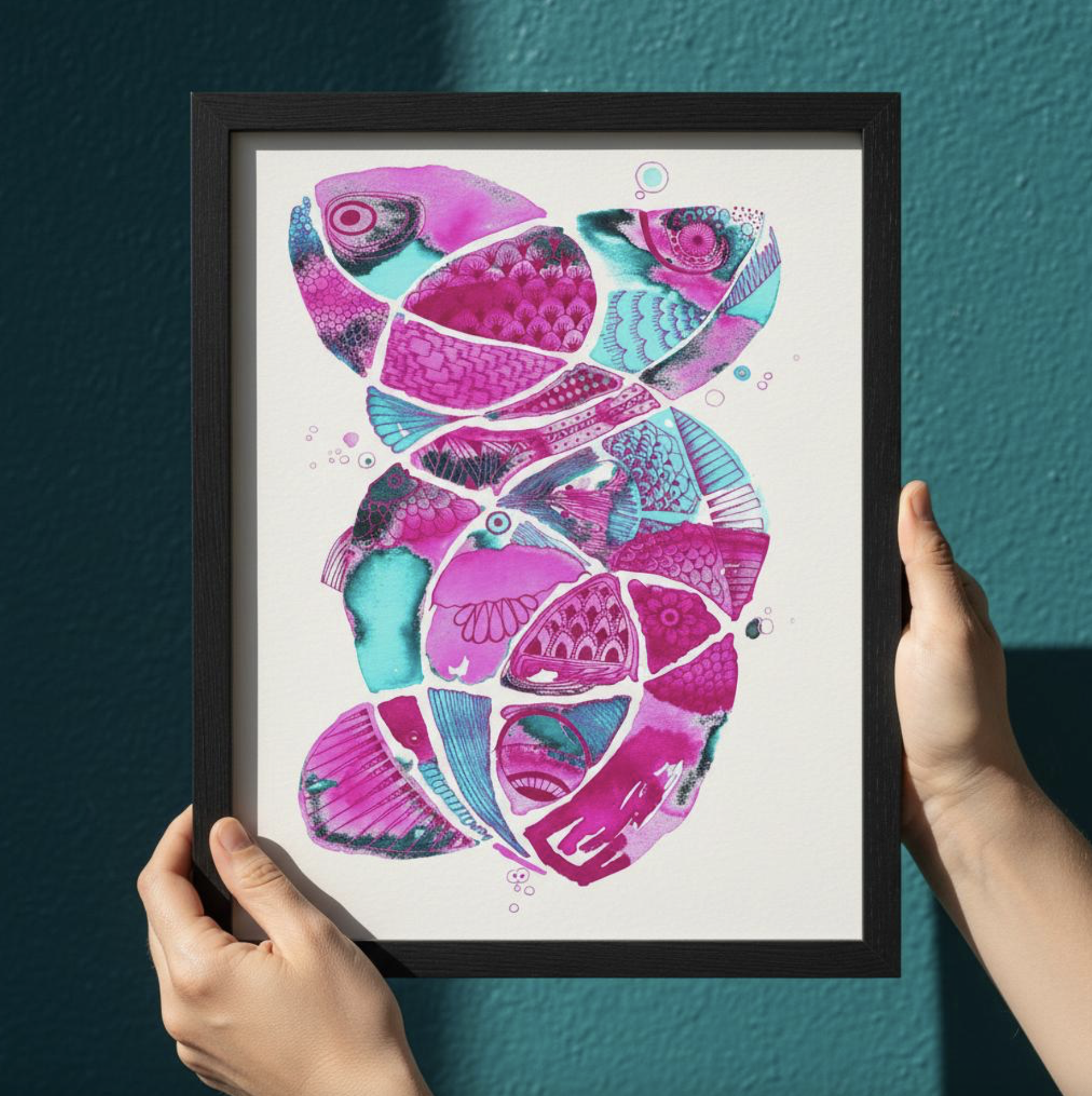 "Fish Plural" cerise Framed Museum Quality Print - Image 2