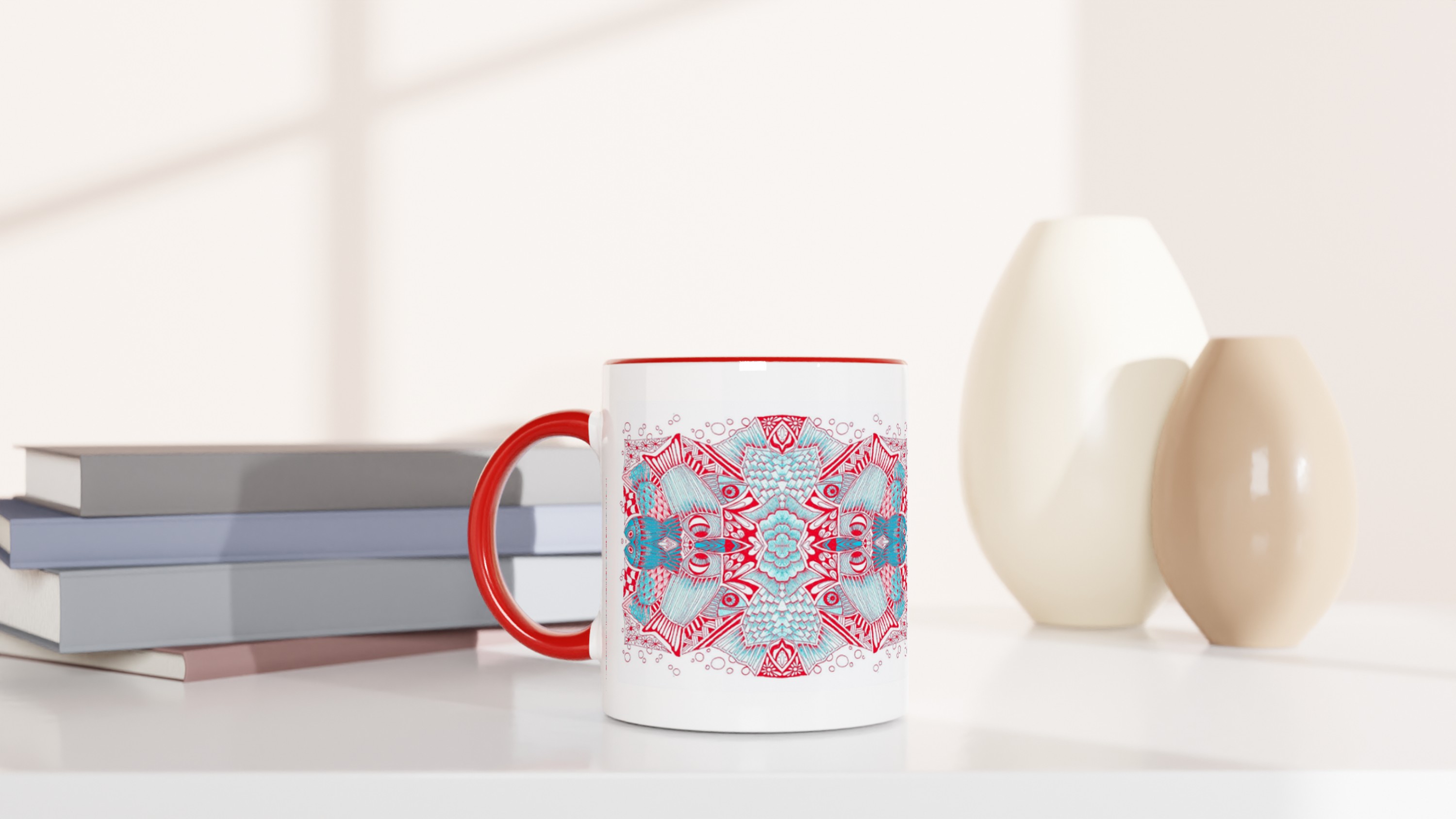 "Four Fishies" red Ceramic Mug - Image 4